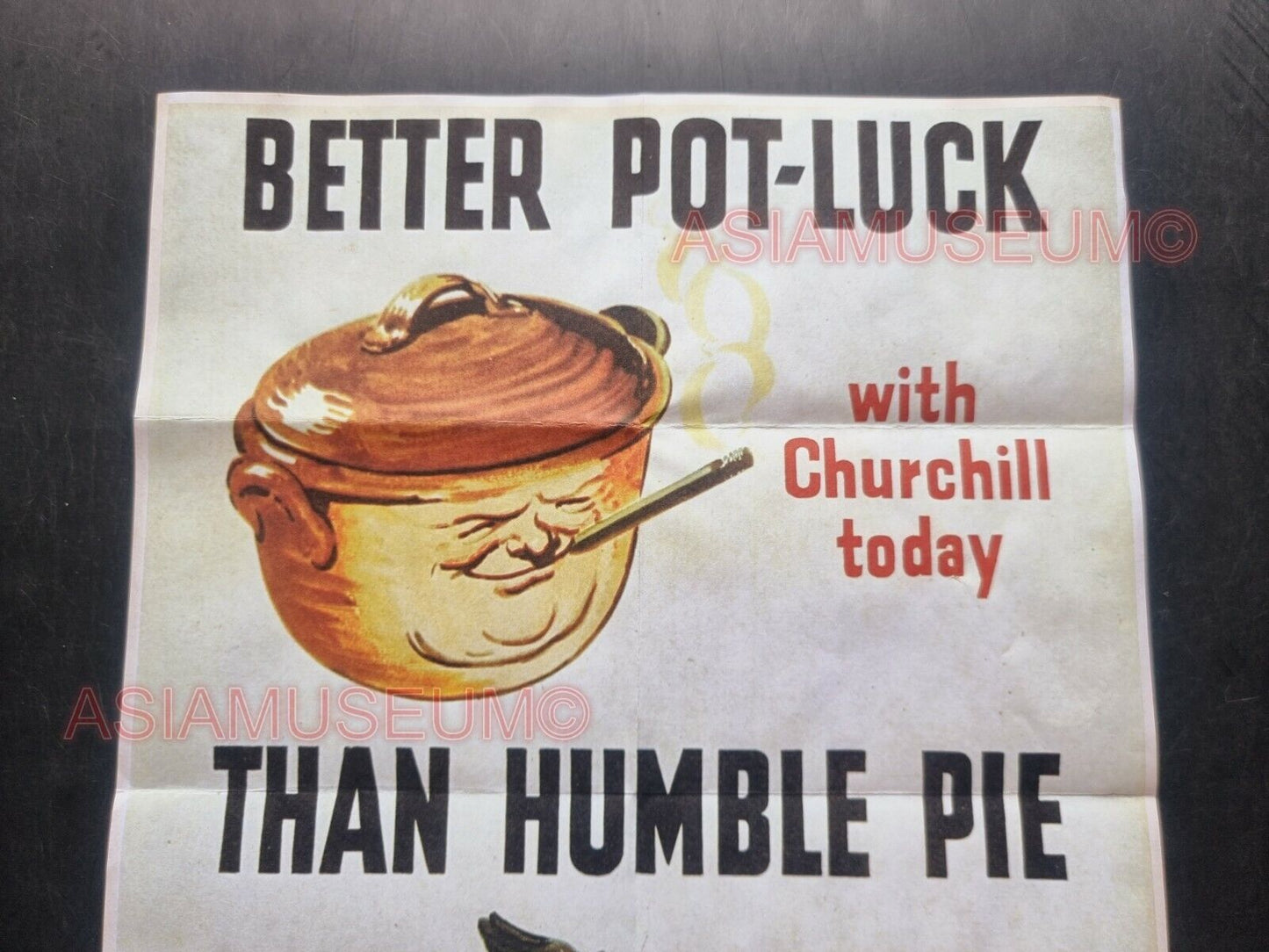 1942 WW2 USA AMERICA DON'T WASTE FOOD POT LUCK CHURCHILL PIE PROPAGANDA POSTER