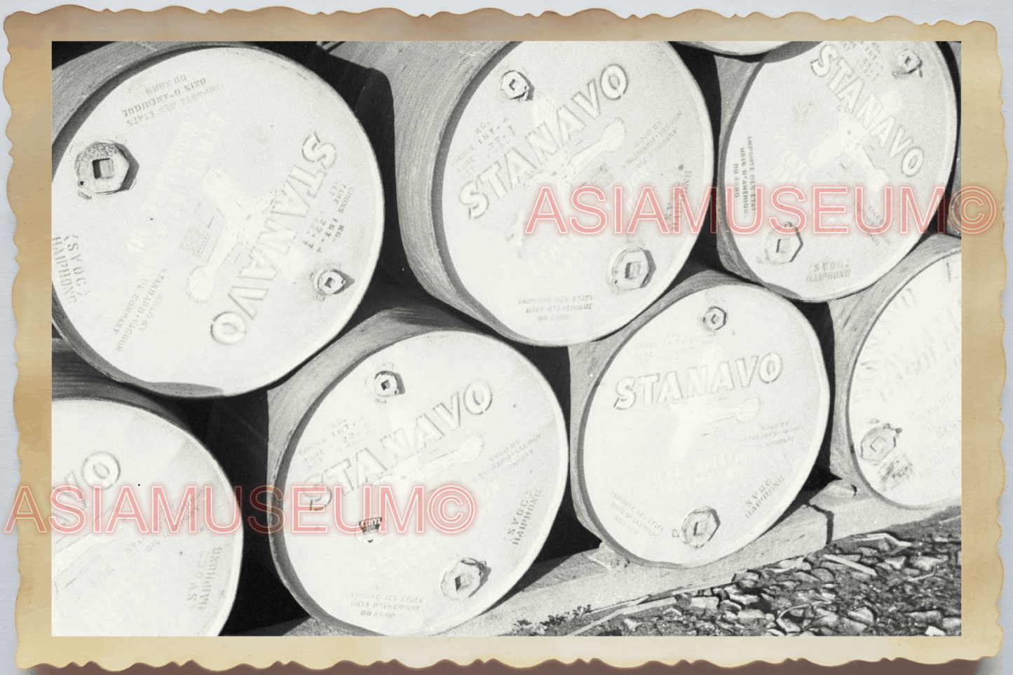 40s WW2 Vietnam HANOI INDOCHINA BARREL GASOLINE MOBIL TEXACO Vintage Photo 04236