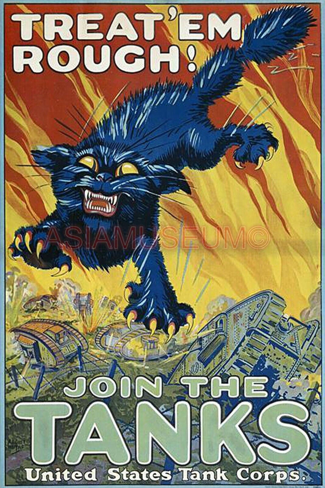 1940 WW2 USA UNITED STATES ARMY TANK CORPS CAT BATTLE WAR PROPAGANDA Postcard