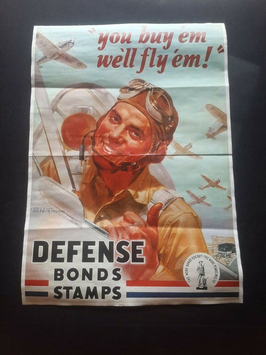 1942 WW2 AMERICA BUY WAR DEFENSE BONDS PILOT AIRCRAFT FLAG PROPAGANDA POSTER 265