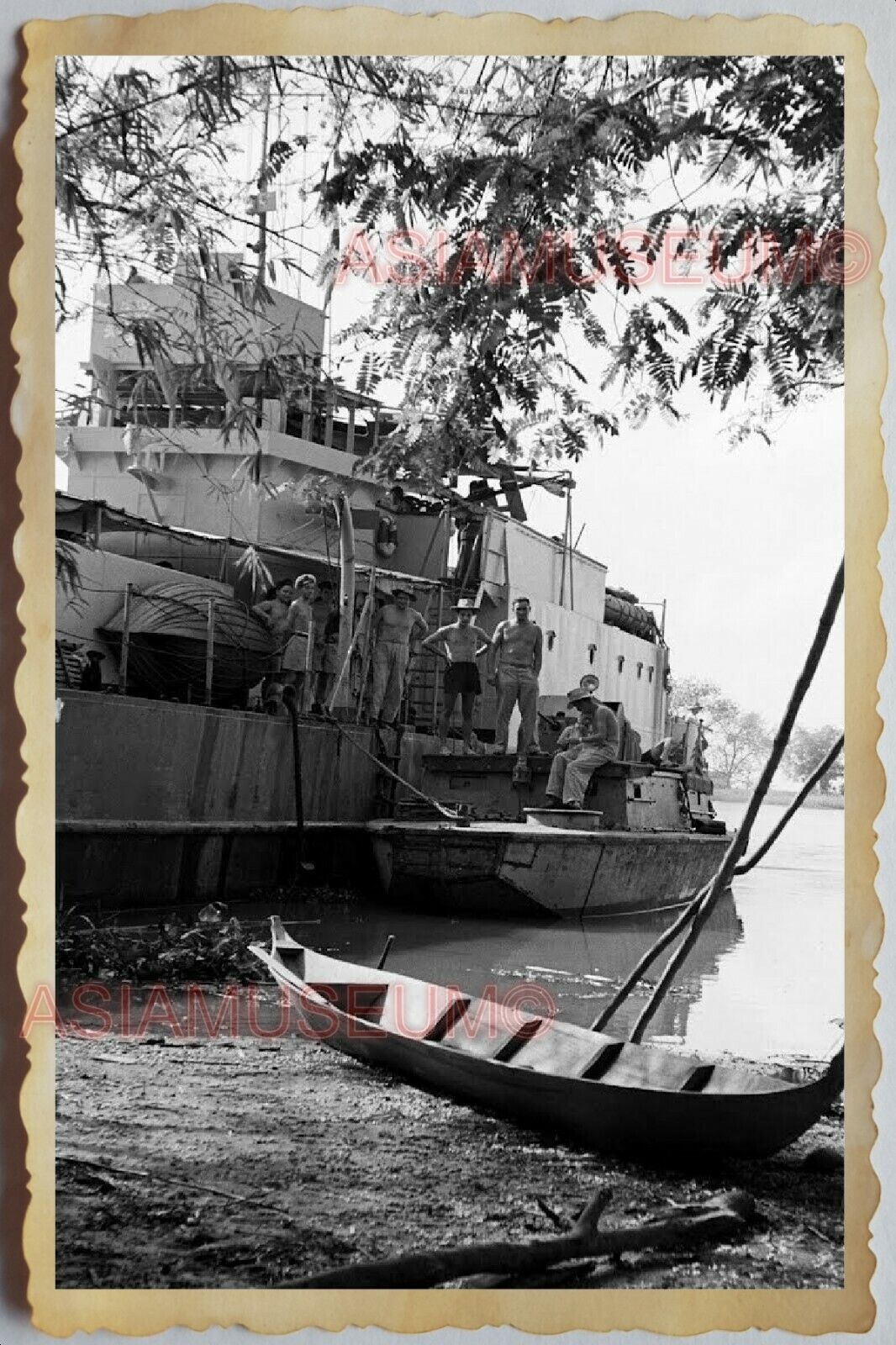 40s Vietnam War ARMY SHIP SOLDIER TOPLESS MAN GAY RIVER BOAT Vintage Photo 1203