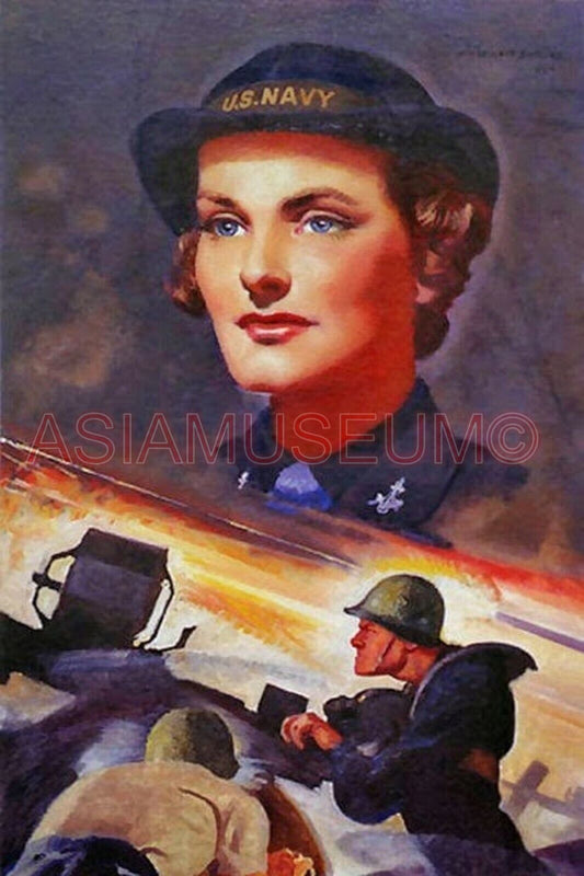 1943 WW2 USA AMERICA WOMEN NAVY WAVES GUN ANTI AIRCRAFT ART PROPAGANDA Postcard