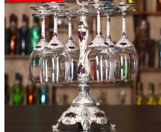 Set Antique Renaissance Vintage 6 Crystal Glass Hanger Decanter Wine Purple