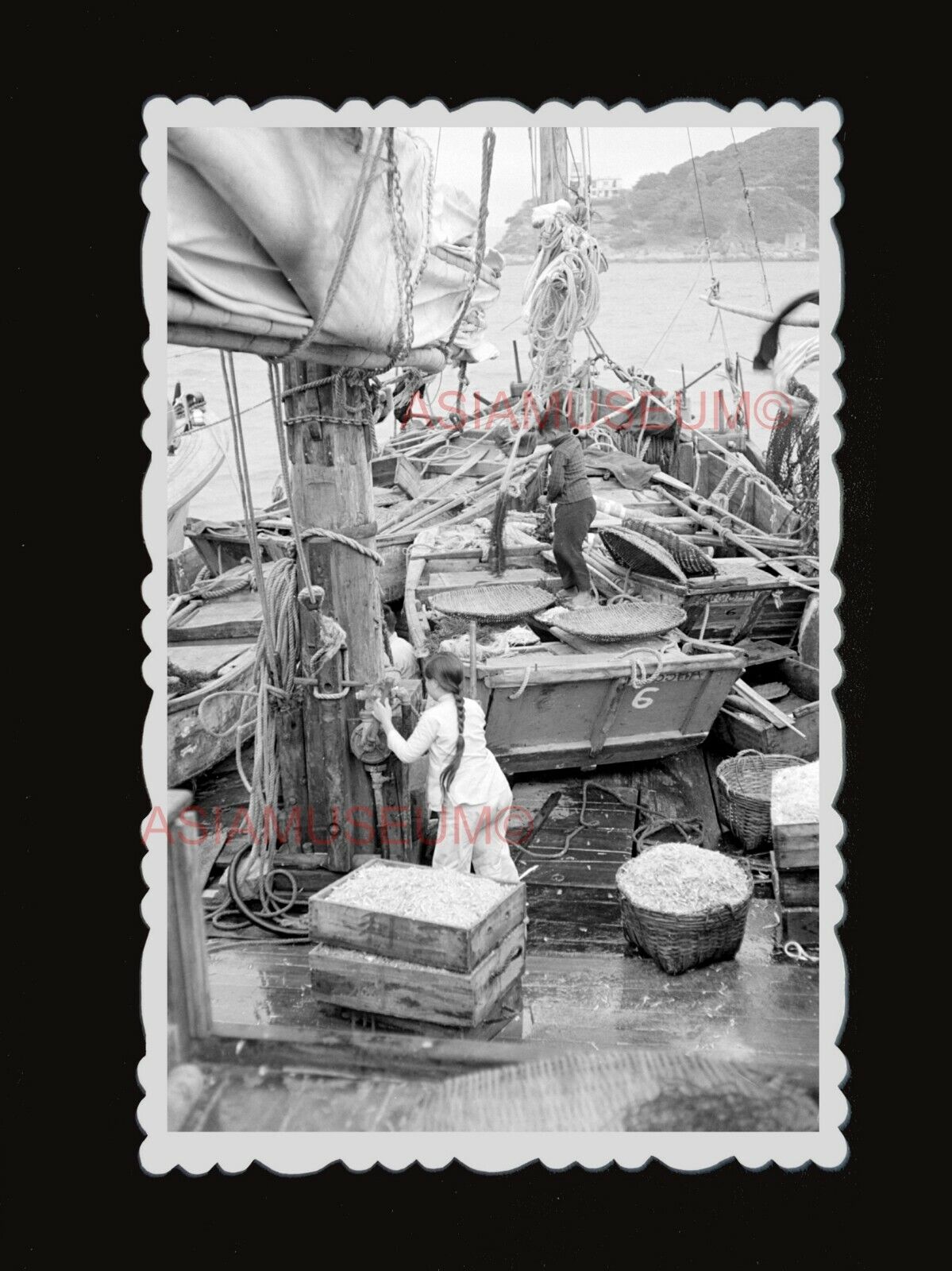 1940s Girl Boy Ship Boat Junk Sail  Vintage B&W Old Hong Kong Photograph #1672