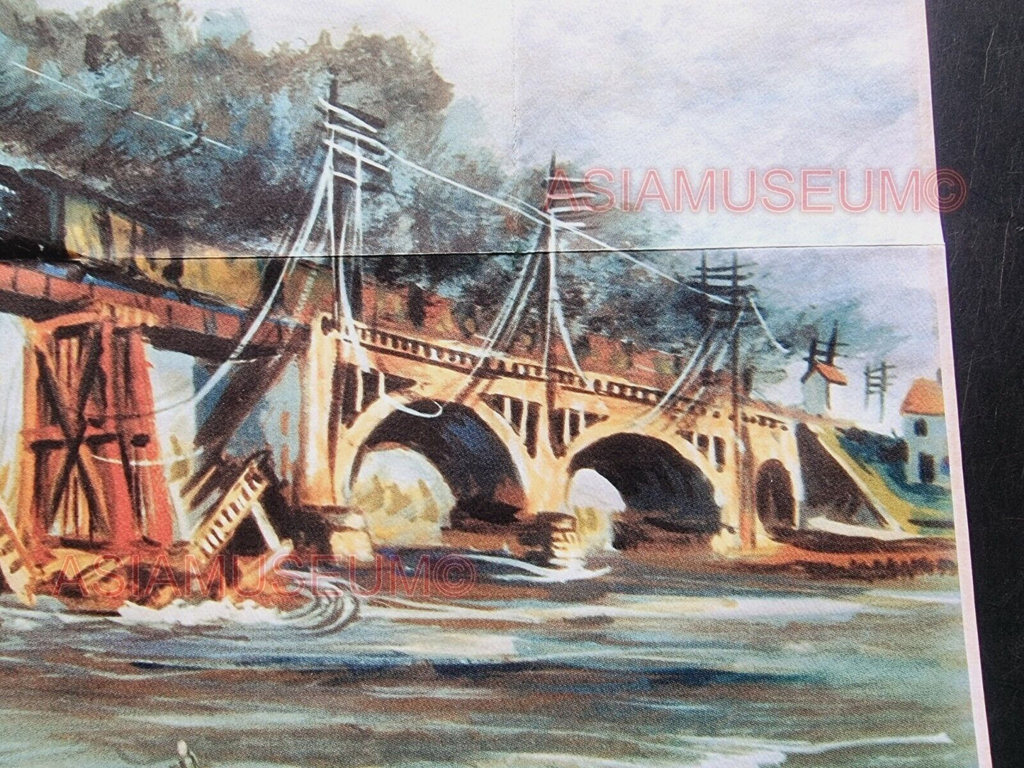 1943 WW2 AMERICA RAILROAD BRIDGE RAILWAY TRAIN ART PAINTING  PROPAGANDA POSTER