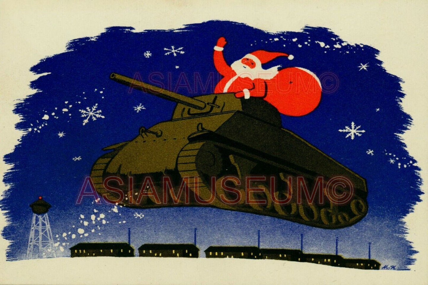 1943 WW2 USA AMERICA SANTA CLAUS XMAS CHRISTMAS TANK PRESENT PROPAGANDA Postcard