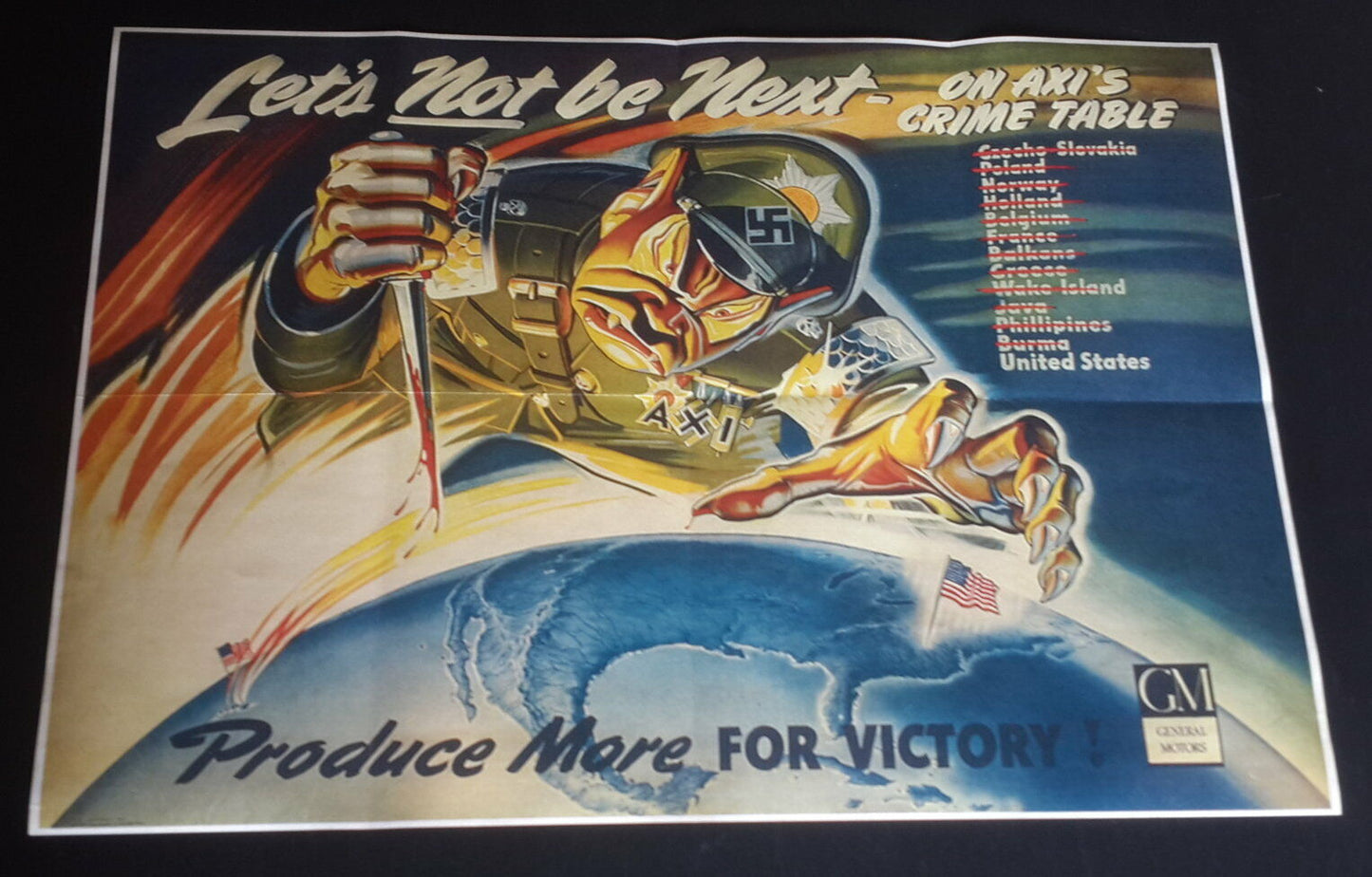 1942 WW2 USA AMERICA ANTI AXIS JAPAN TOJO PACIFIC WAR MAP FLAG PROPAGANDA POSTER