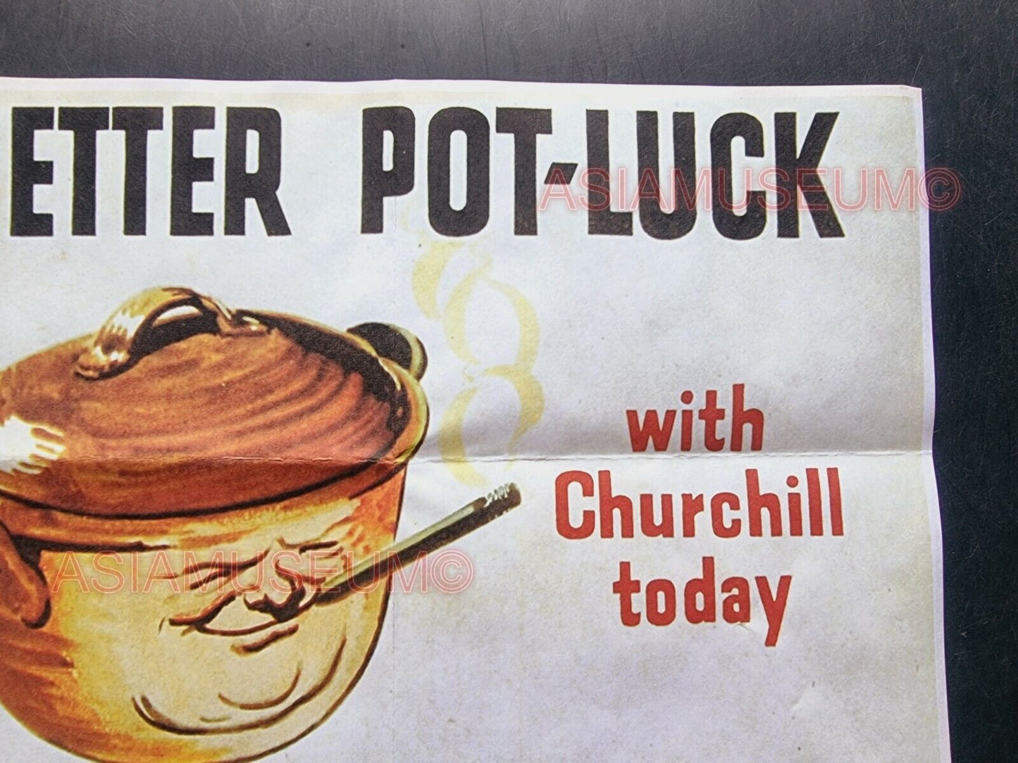 1942 WW2 USA AMERICA DON'T WASTE FOOD POT LUCK CHURCHILL PIE PROPAGANDA POSTER