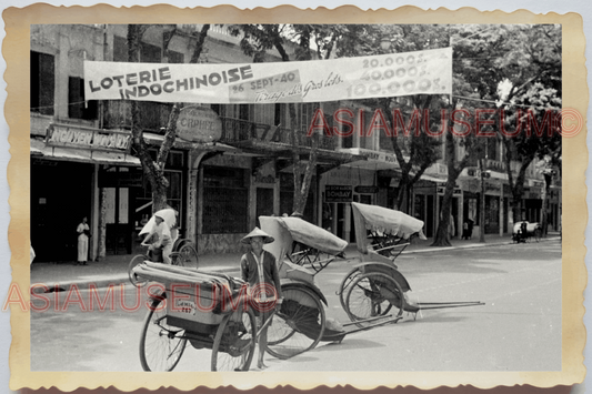 40s WW2 Vietnam HANOI STREET SCENE LOTTERY BANNER RICKSHAW Vintage Photo 23698