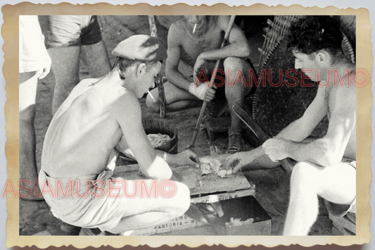 40s WW2 Vietnam FRENCH ARMY SOLDIER SMOKING TOPLESS COOKING Vintage Photo 24651