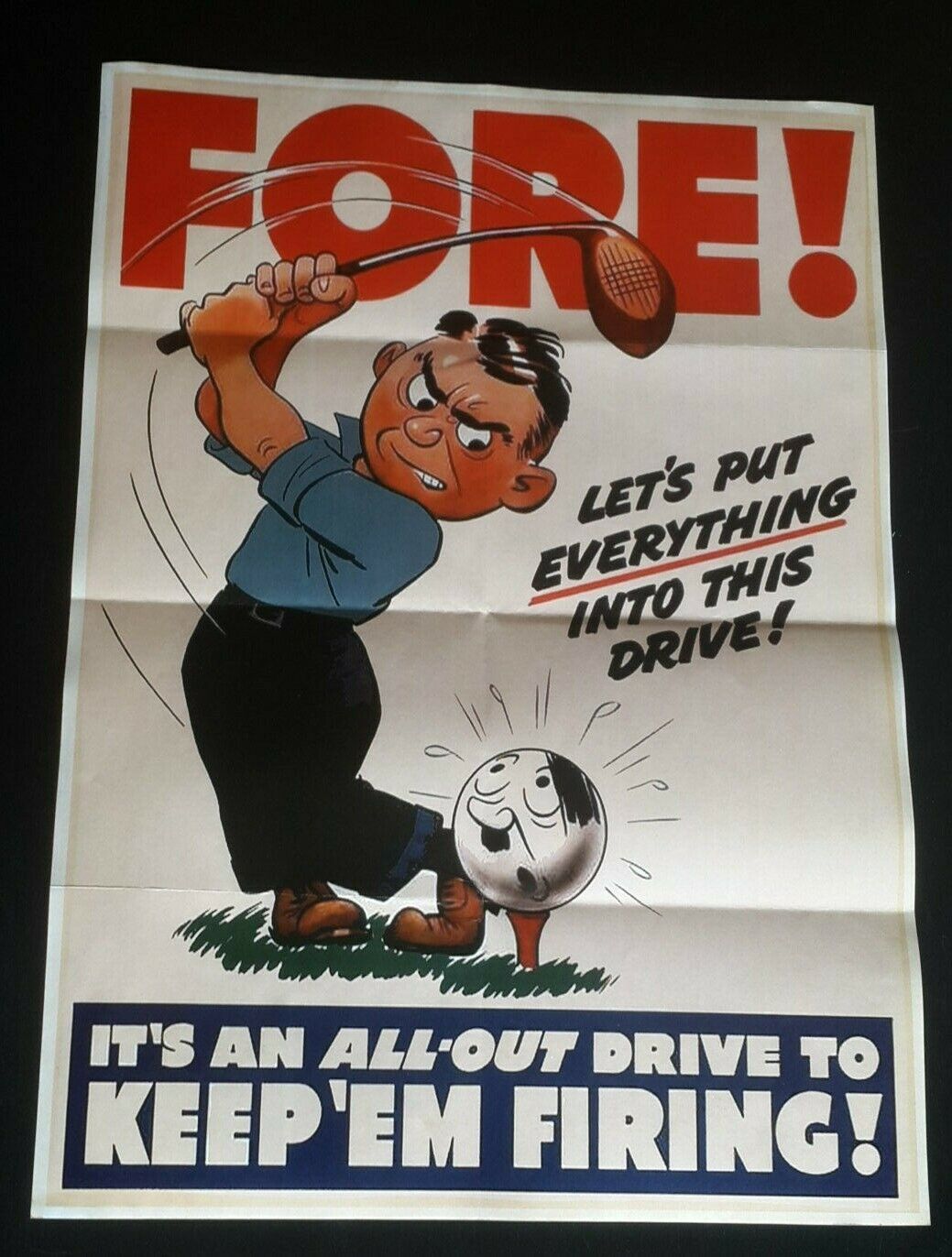 1943 WWii USA AMERICA FIRING COMIC FUNNY GOLF CLUB BALL WAR  PROPAGANDA POSTER