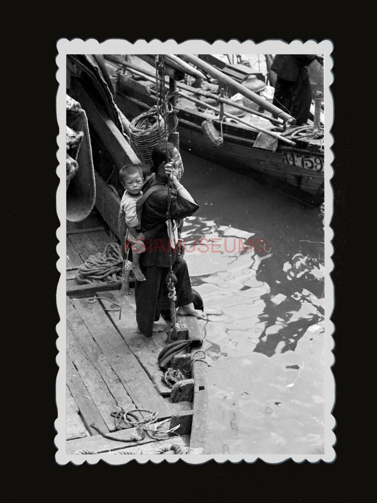 1950s WOMEN LADY CARRY BABY BOY BOAT DECK PIER Vintage Hong Kong Photo #1314