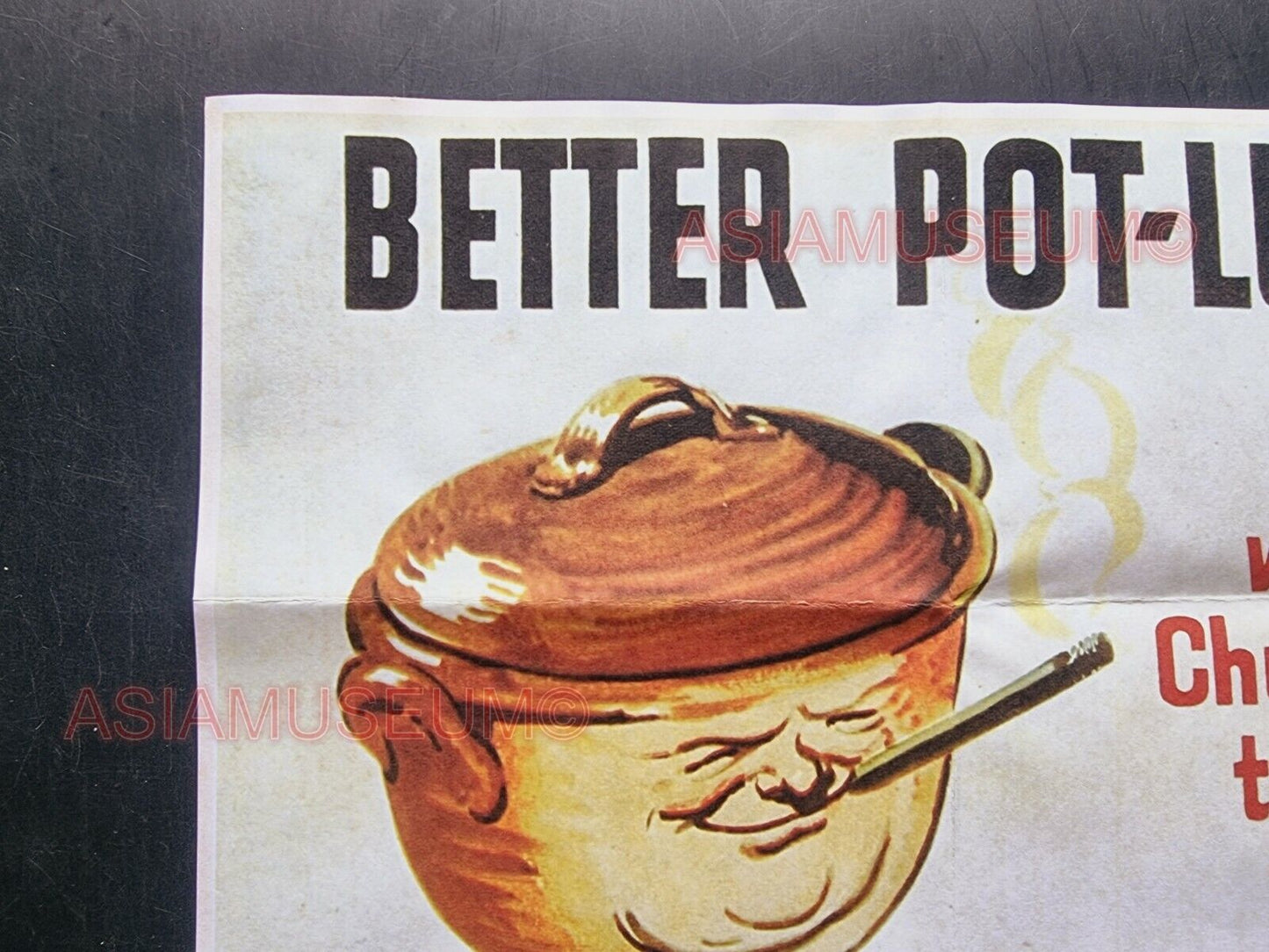 1942 WW2 USA AMERICA DON'T WASTE FOOD POT LUCK CHURCHILL PIE PROPAGANDA POSTER