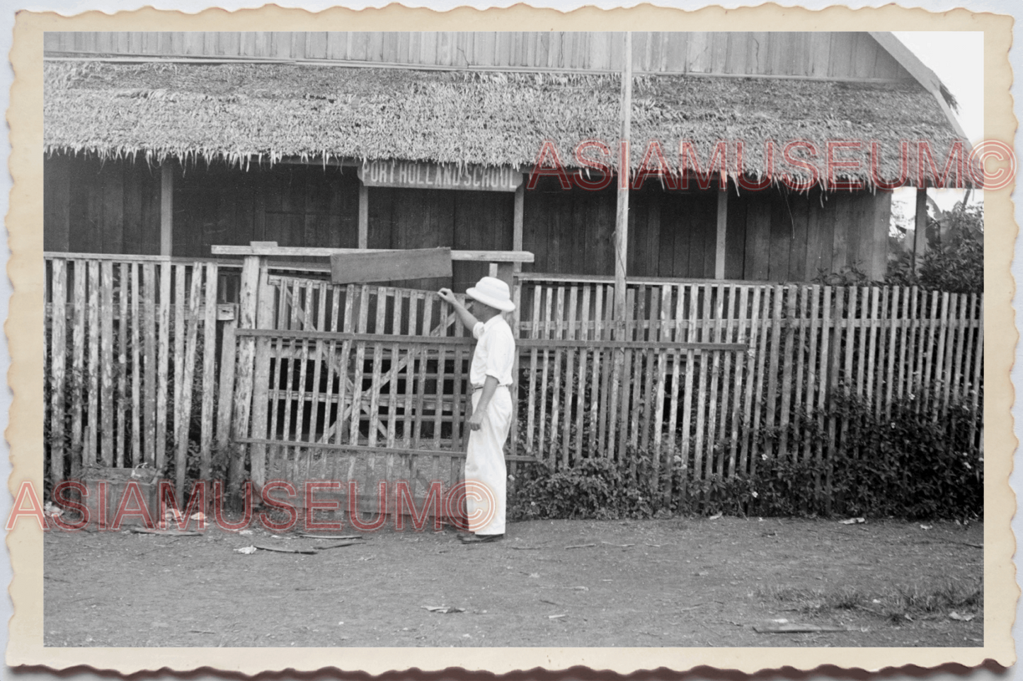 50s PHILIPPINES STILT HOUSE SCHOOL WESTERN MAN HAT HUT FLAG Vintage Photo 29738