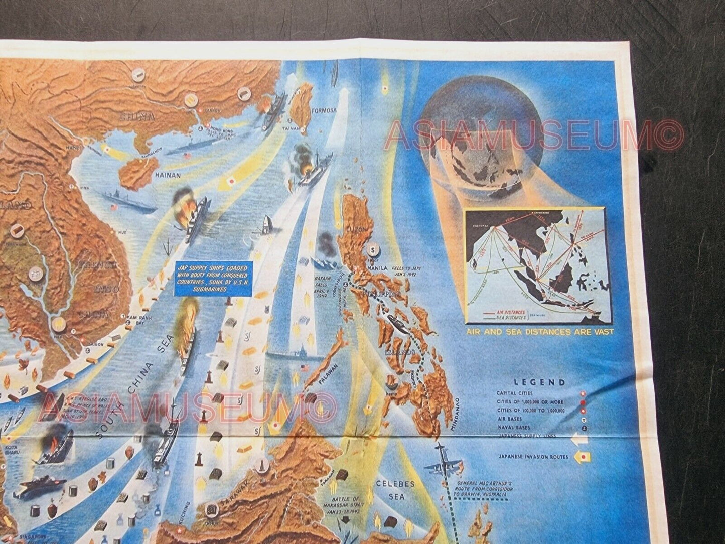 1943 WW2 AMERICA USA JAPAN PACIFIC WAR SOUTH CHINA SEA WAR MAP PROPAGANDA POSTER