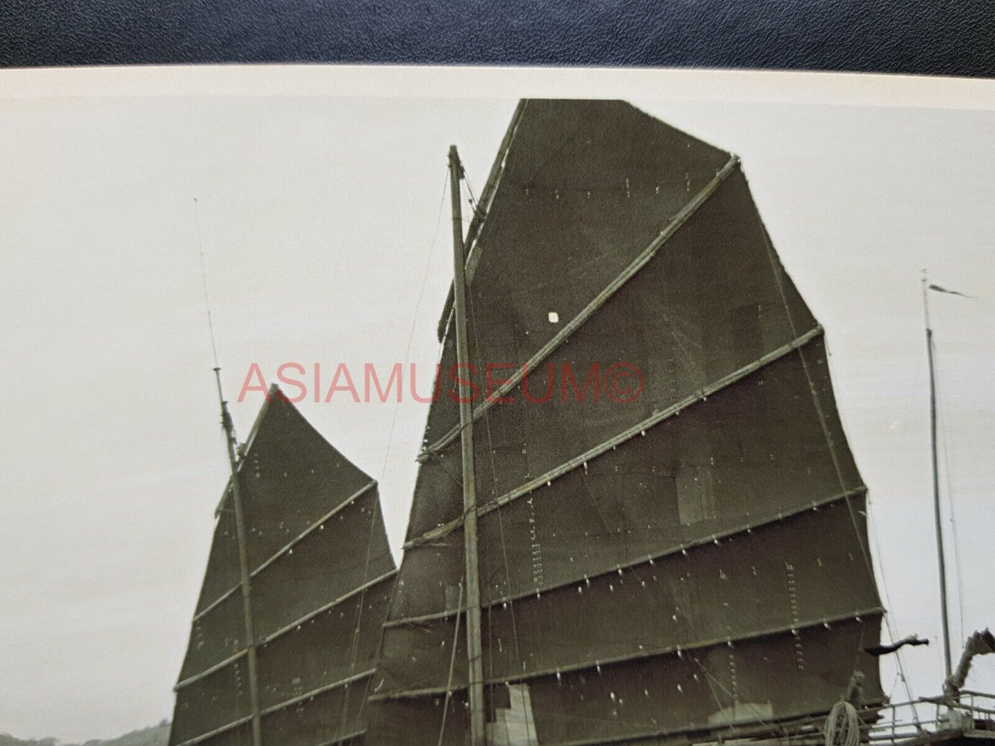 Chinese Junk Boat Ship Sail Sea Vintage B&W Hong Kong Photo Postcard RPPC 1254