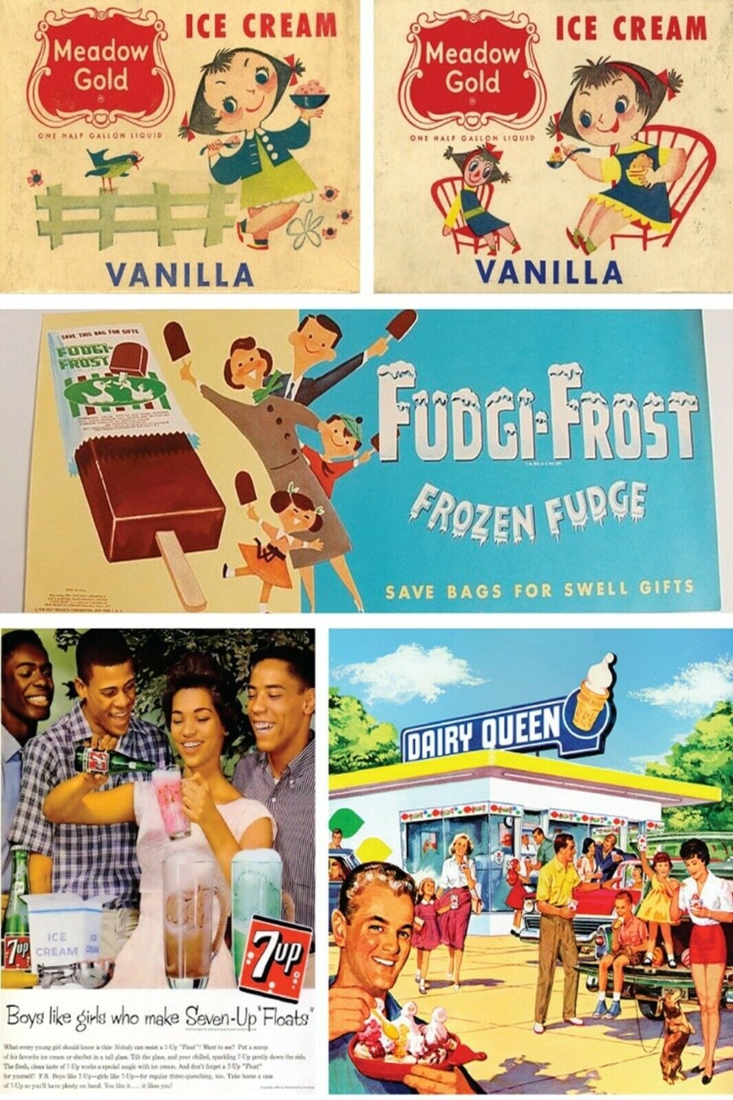 1950s Ice Cream Frozen Fudge 7 Up Car Children Dog Girl ads Vintage Postcard #52