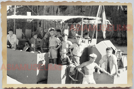 40s WW2 Vietnam HA LONG BAY FRENCH GROUP TOPLESS ARMY BOAT Vintage Photo 25191