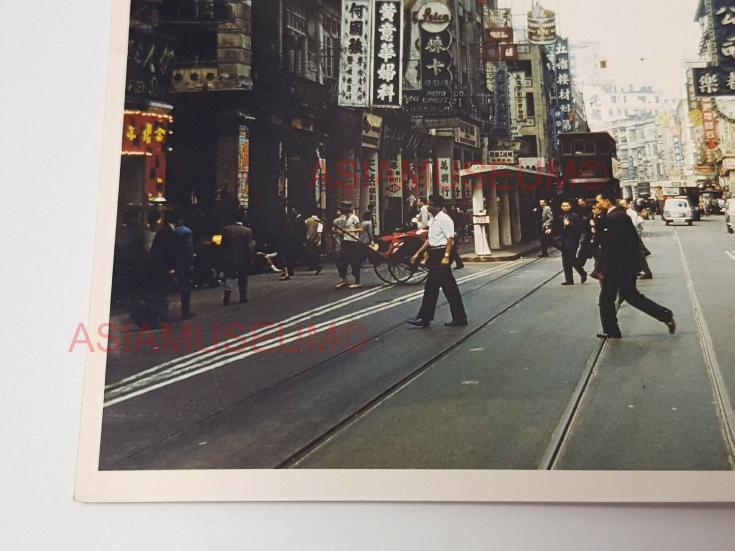 50s Des Voeux Road Bus Tram Car Street Sign Shop Hong Kong Photo Postcard RPPC