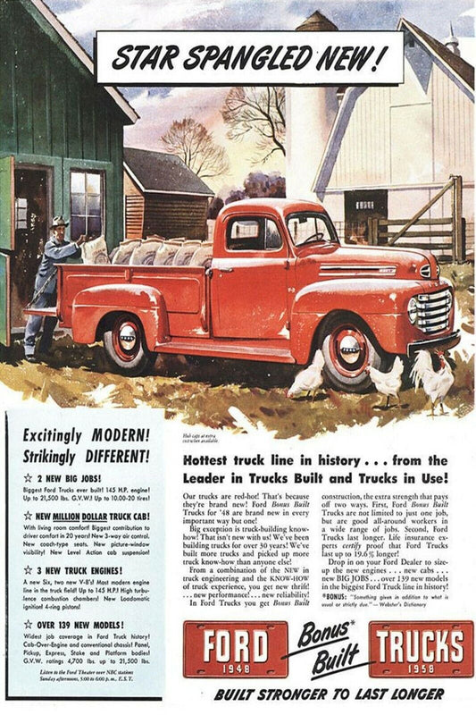 1950s FORD TRUCK CHICKEN BARN WORKER CAR HOUSE YARD Ads Vintage Postcard #138