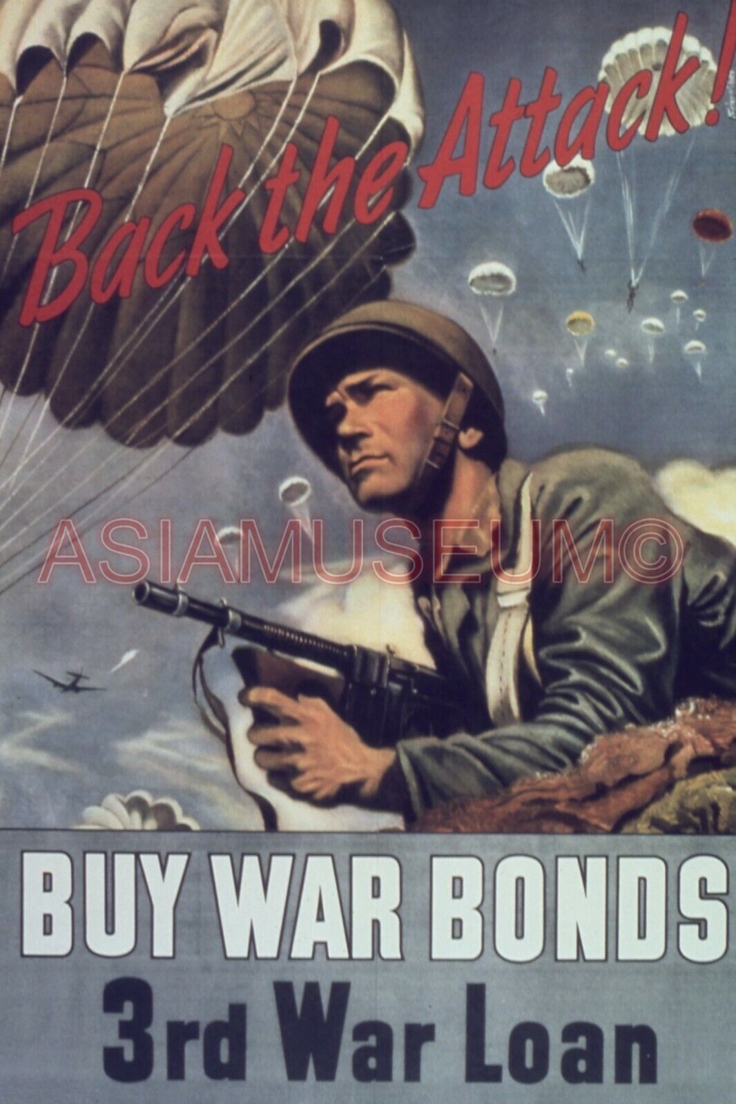 1944 WW2 USA AMERICA ARMY SOLDIER BUY WAR BONDS PARACHUTE PROPAGANDA Postcard