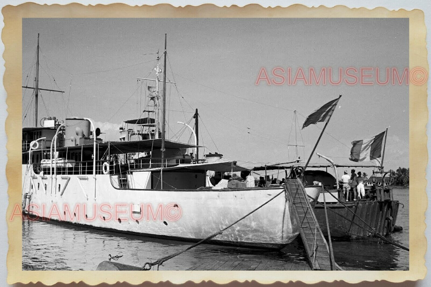 50s Vietnam SAIGON PORT PIER SHIP FERRY FRENCH USA FLAG NAVY Vintage Photo 1356