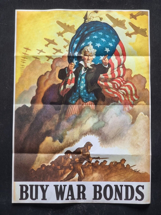 1942 WW2 USA AMERICA UNCLE SAM BUY WAR BOND FLAG ARMY SOLDIER PROPAGANDA POSTER