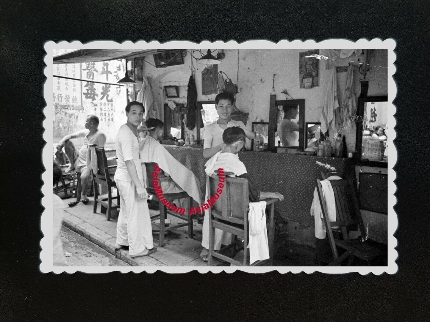 1950s Vintage Hong Kong Photo B&W Street Building Sidewalk Barber Men Stall #351