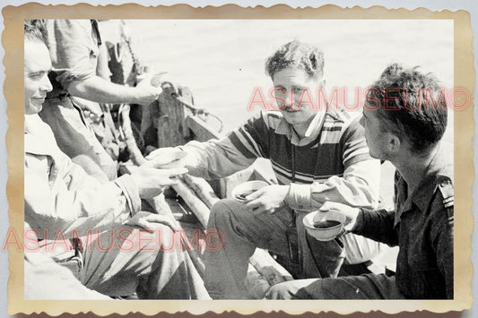 40s WW2 Vietnam FRENCH ARMY NAVY DRINKING ON BOAT SHIP RIVER Vintage Photo 28869