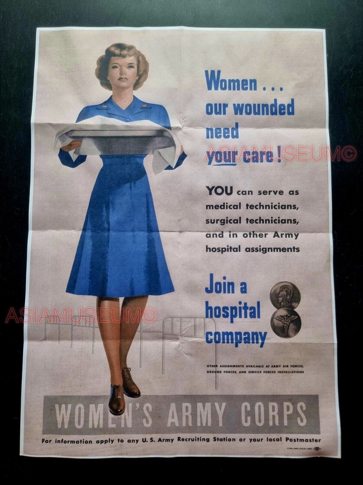 1943 WW2 USA WOMEN ARMY CORPS HOSPITAL NURSE WAR SOLDIER PROPAGANDA POSTER 502