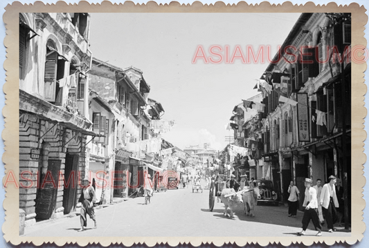 WW2 Street Scene Bullock Cart Colonial Shop  Vintage B&W Singapore Photo 17632