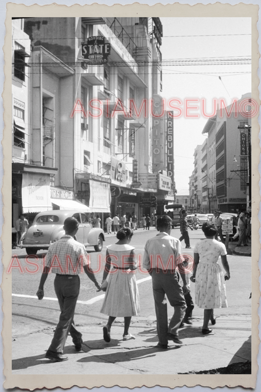 60s PHILIPPINES MANILA STREET SCENE CAR WOMEN DRESS SHOP MAN Vintage Photo 26254