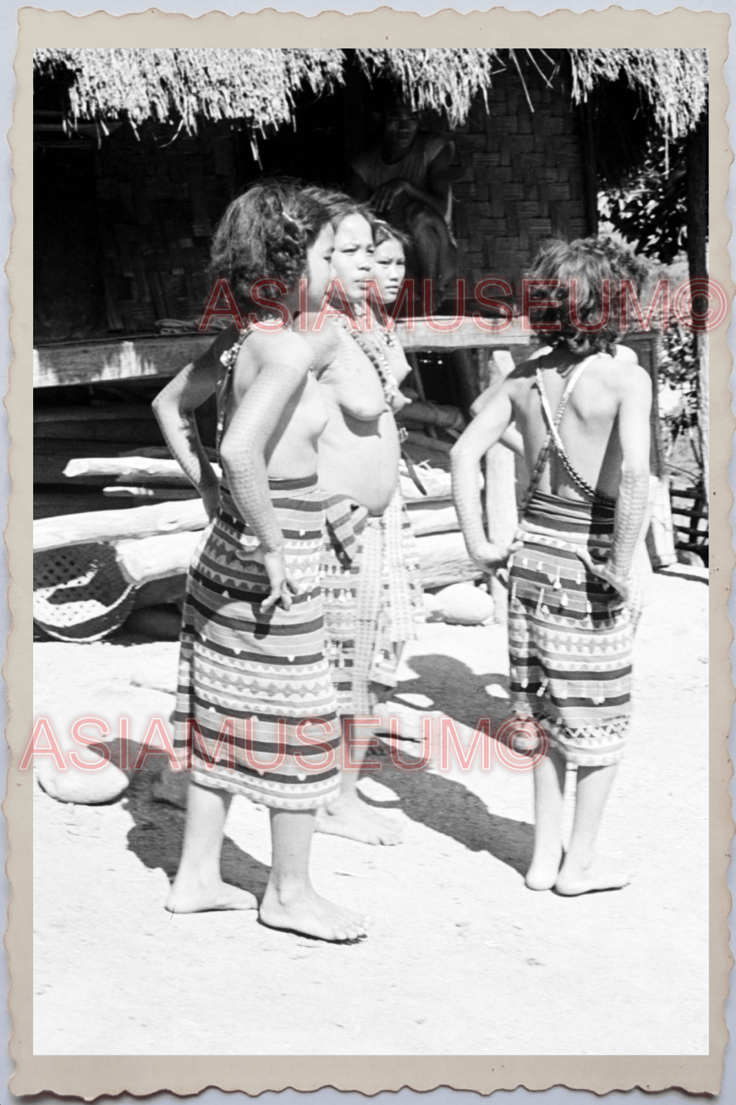 50s PHILIPPINES YOUNG GIRL TATTOO TOPLESS TRIBE STILT HOUSE Vintage Photo 24325