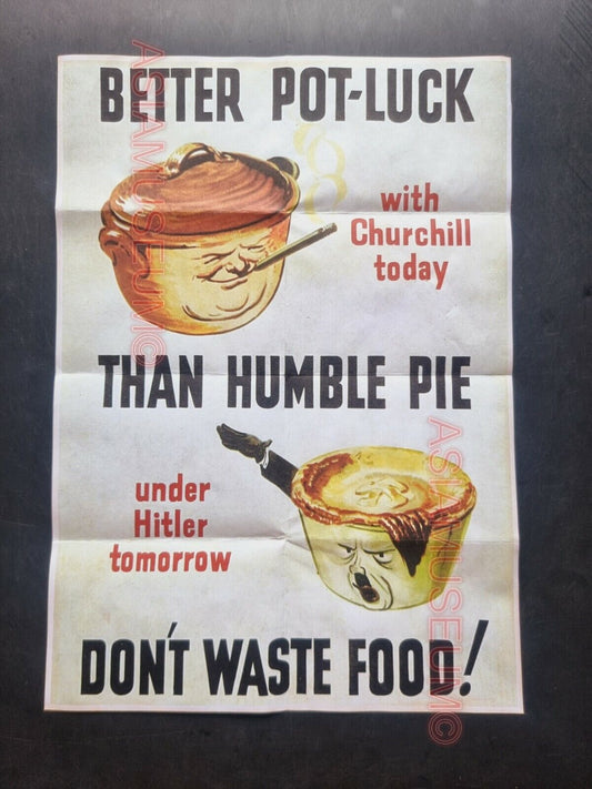 1942 WW2 USA AMERICA DON'T WASTE FOOD POT LUCK CHURCHILL PIE PROPAGANDA POSTER