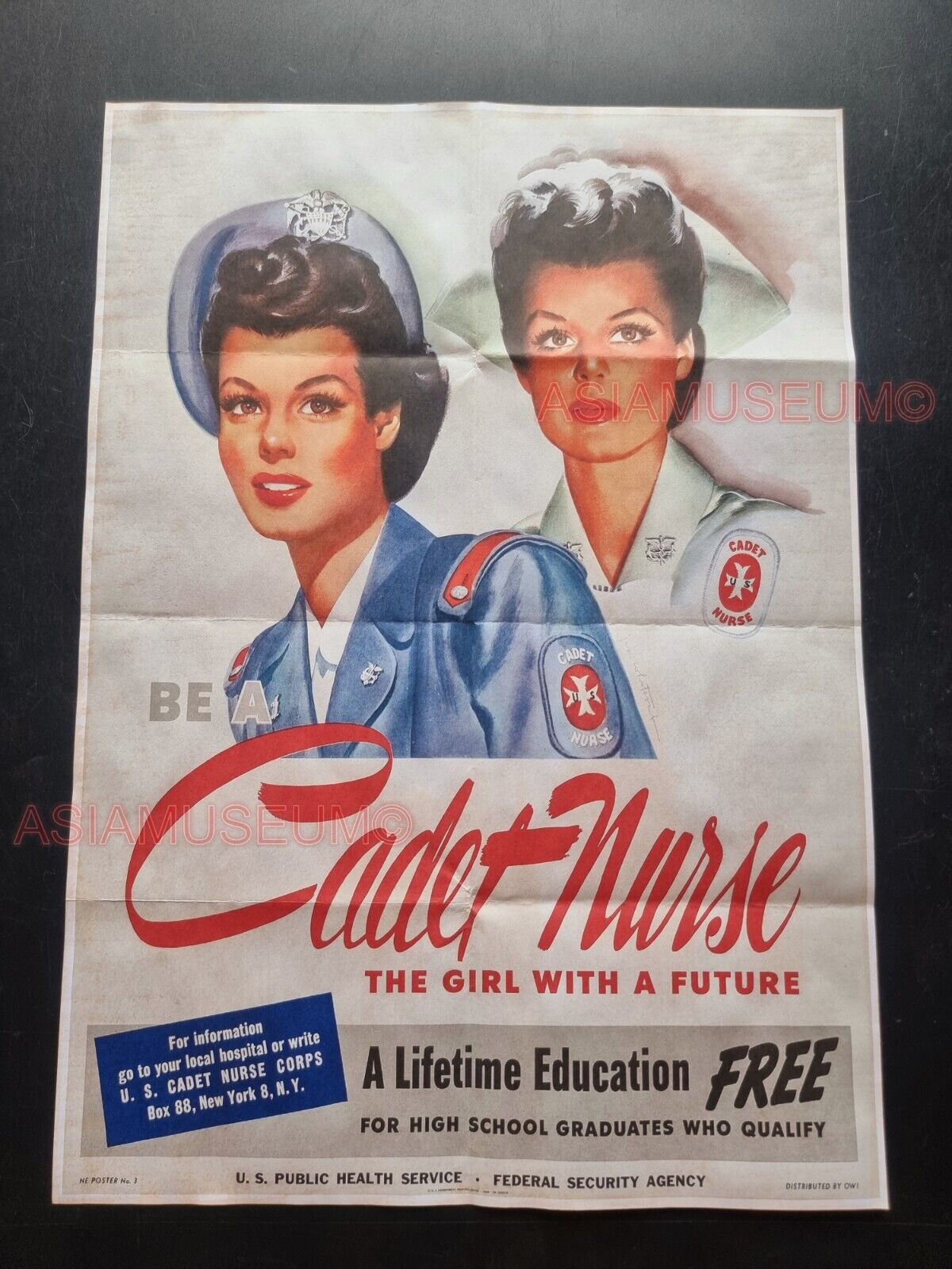 1943 WW2 USA AMERICA WOMEN BE A CADET NURSE EDUCATION WAR PROPAGANDA POSTER 543