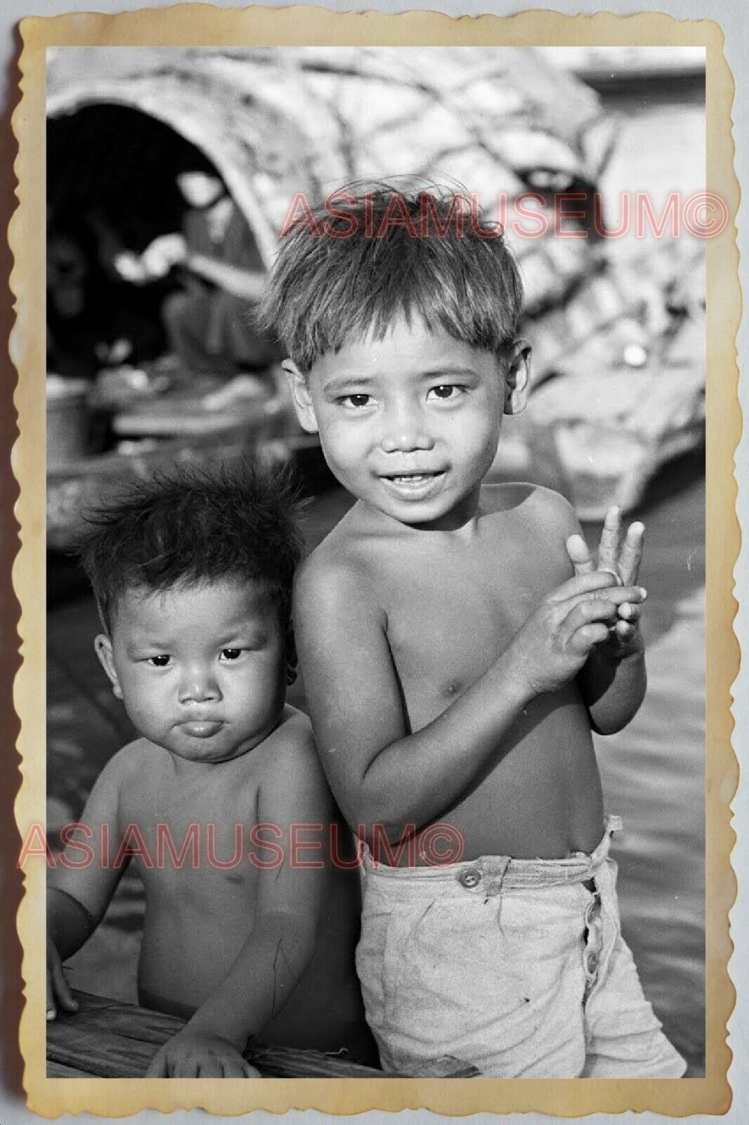 60s Vietnam War HO CHI MINH PIER BOAT CHILDREN PORTRAIT BOY Vintage Photo 1147