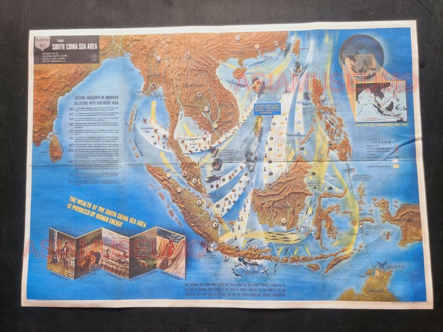 1943 WW2 AMERICA USA JAPAN PACIFIC WAR SOUTH CHINA SEA WAR MAP PROPAGANDA POSTER