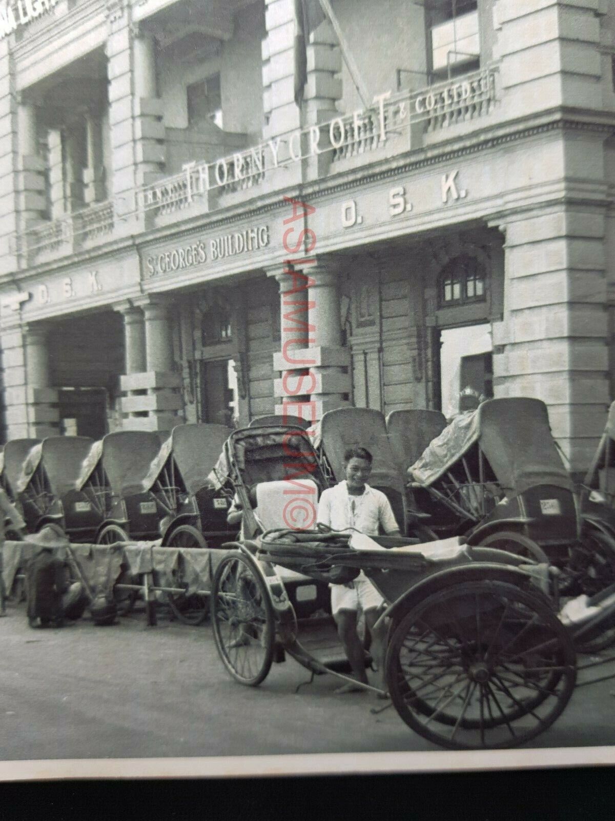 St George Building Rickshaw Connaught Vintage B&W Hong Kong Photo Postcard RPPC