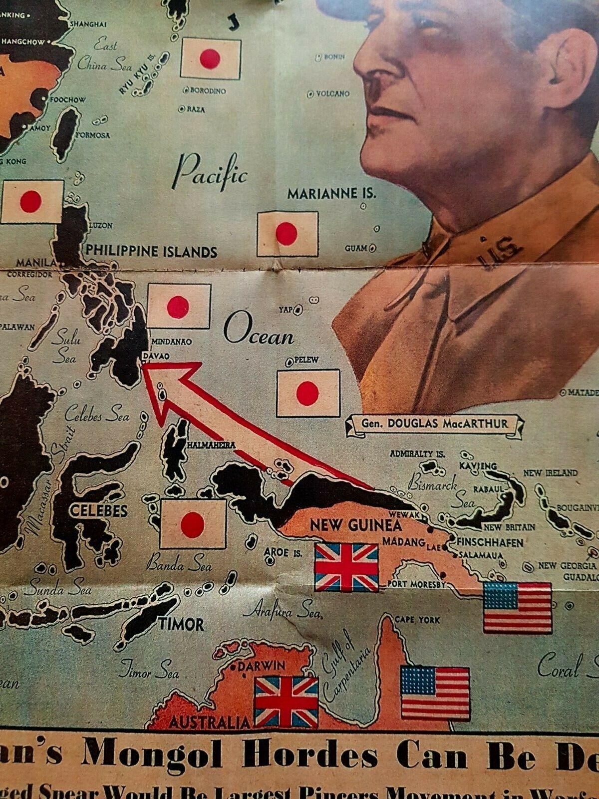 1942 WW2 AMERICA PACIFIC WAR MACARTHUR JAPAN FLAG NAVY WARSHIP PROPAGANDA POSTER