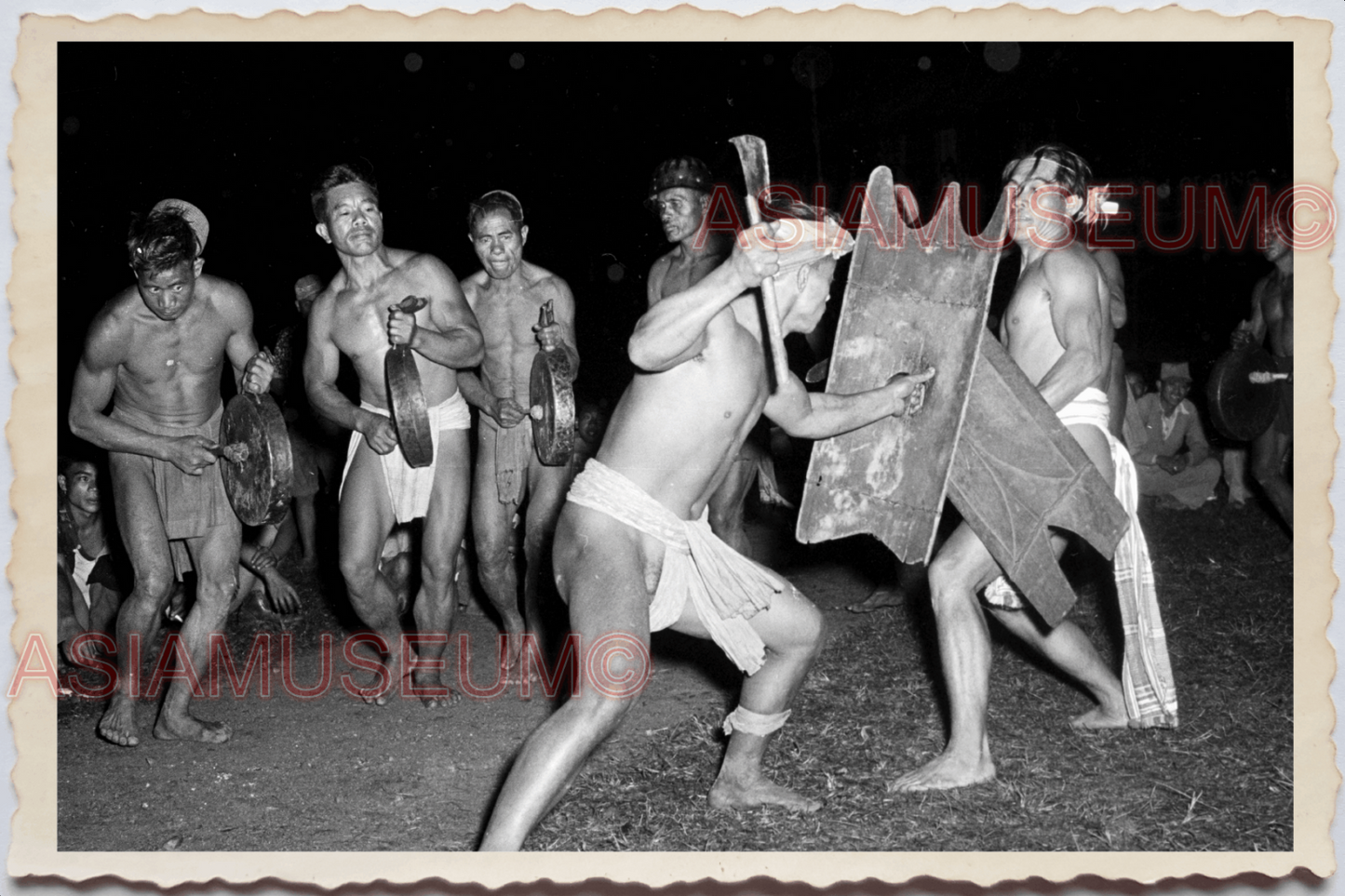 50s PHILIPPINES MOUNTAIN TRIBE TATTOO MEN DANCING WARRIOR  Vintage Photo 24138