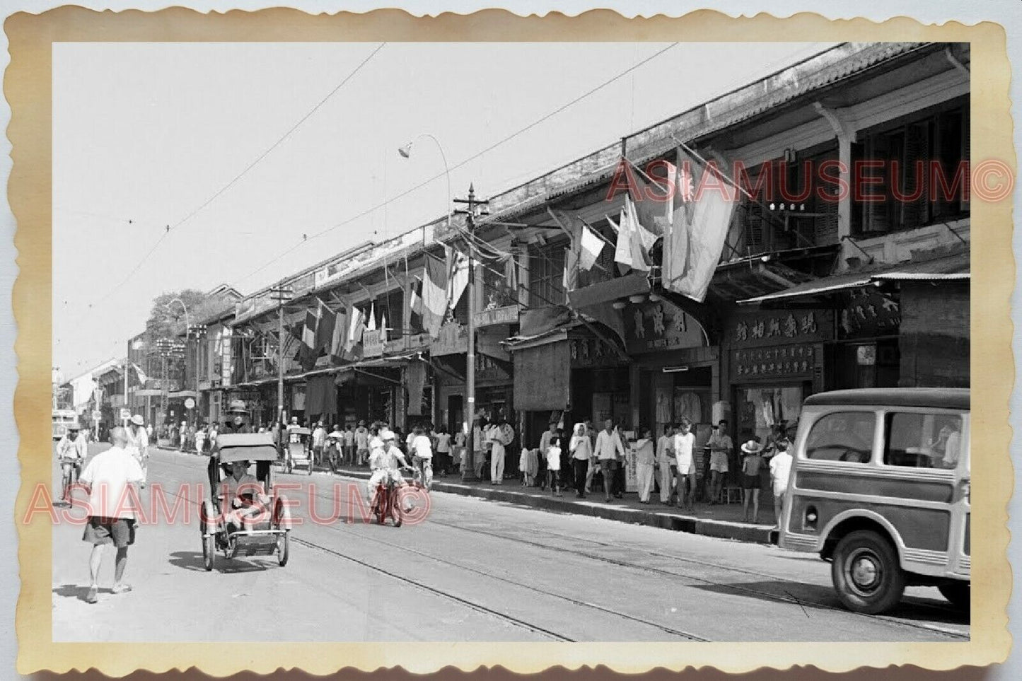 50s Vietnam War Saigon Street Scene Shop Trishaw Car Flag Vintage Photo #925