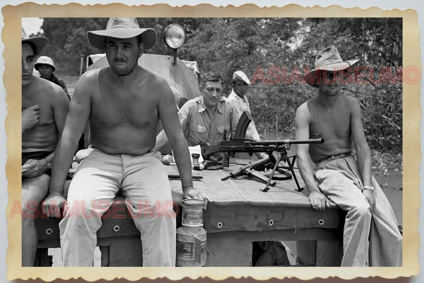 50s Indochina Vietnam Army Topless Man Soldier Boat Group War Vintage Photo 1271