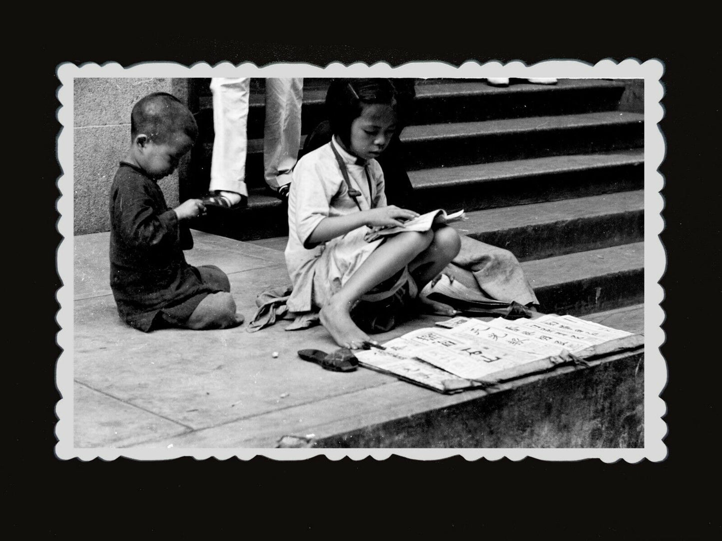 Girl Boy Children Beggar Building Street Sidewalk Vintage Hong Kong Photo #750