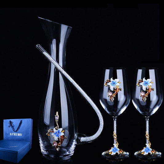 Set Antique Nordic Renaissance Vintage Brass Blue Crystal Glass Decanter Wine T