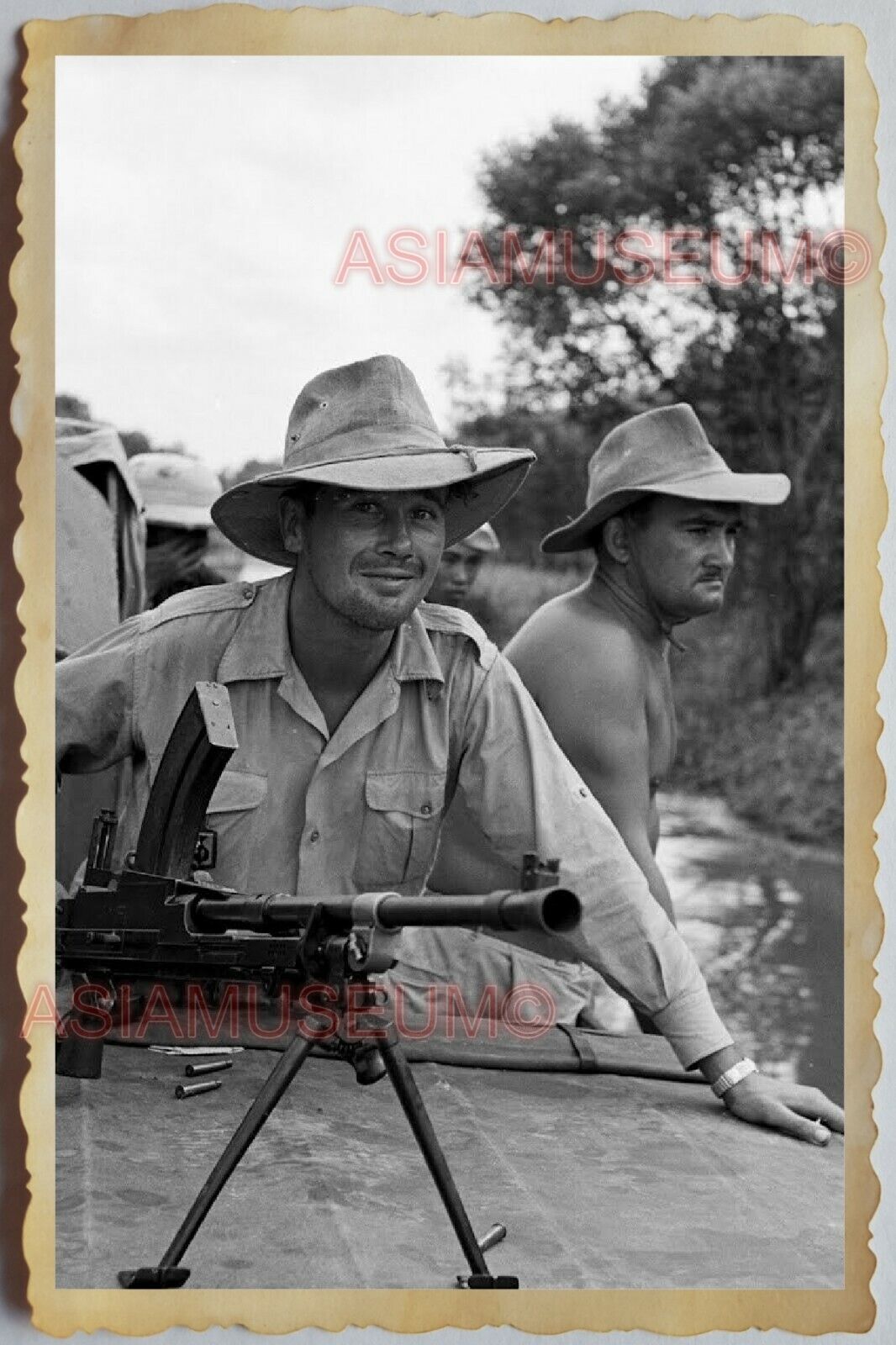 40s Vietnam War SAIGON MEKONG HAT  ARMY BOAT TOPLESS MAN Gun Vintage Photo 1376