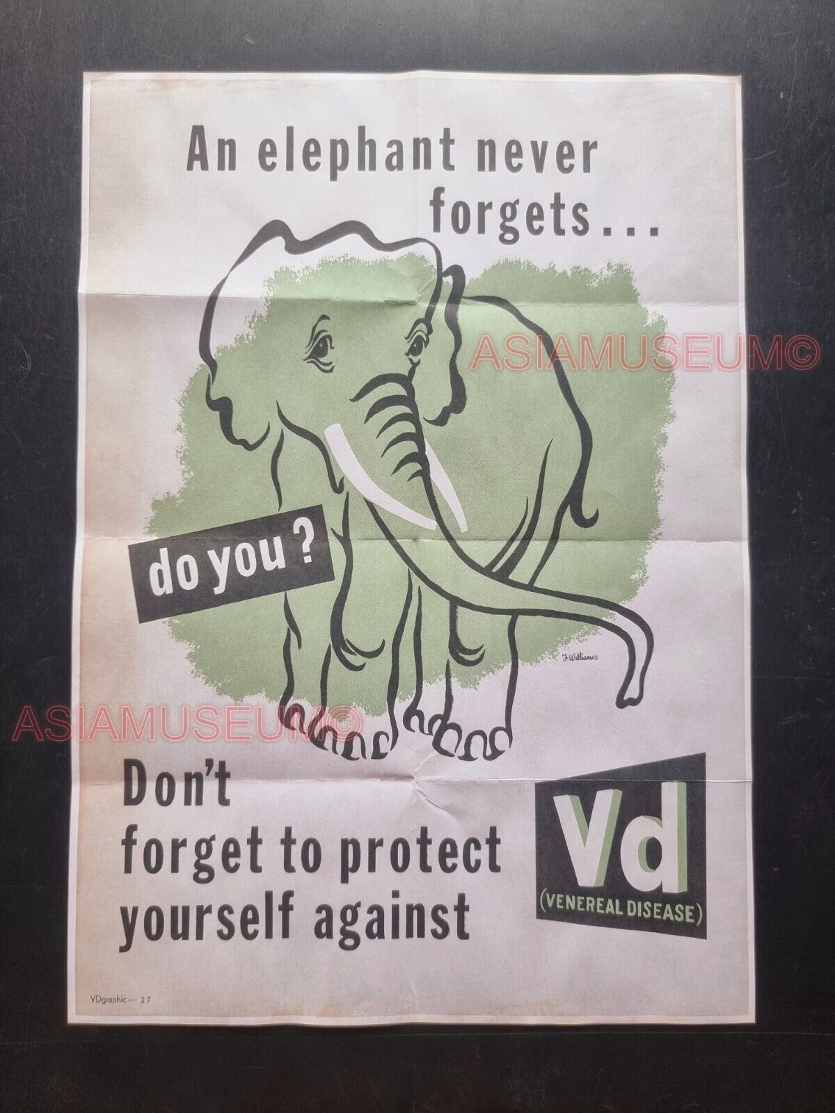 1942 WW2 USA ELEPHANT NEVER FORGETS VD PROTECT NAMY ARMY PROPAGANDA POSTER 530