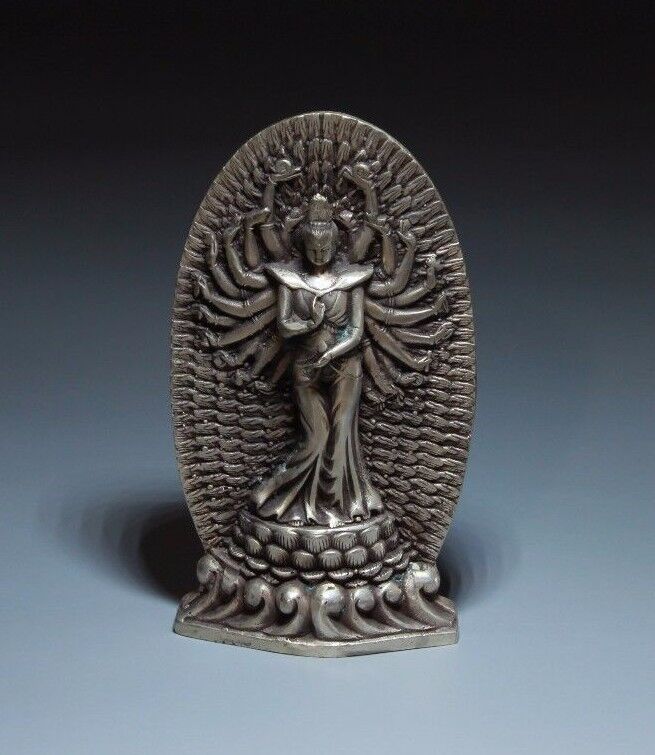 7" Tibet Buddhism Silver 1000 arm Kwan-Yin Guan Yin Bodhisattva Buddha Statue