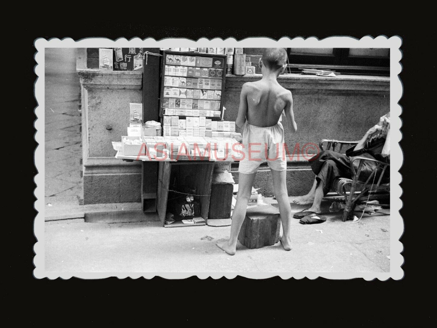 1950s Vintage Hong Kong Photo B&W Young Boy Man Street Vendor Cigarette  #1407