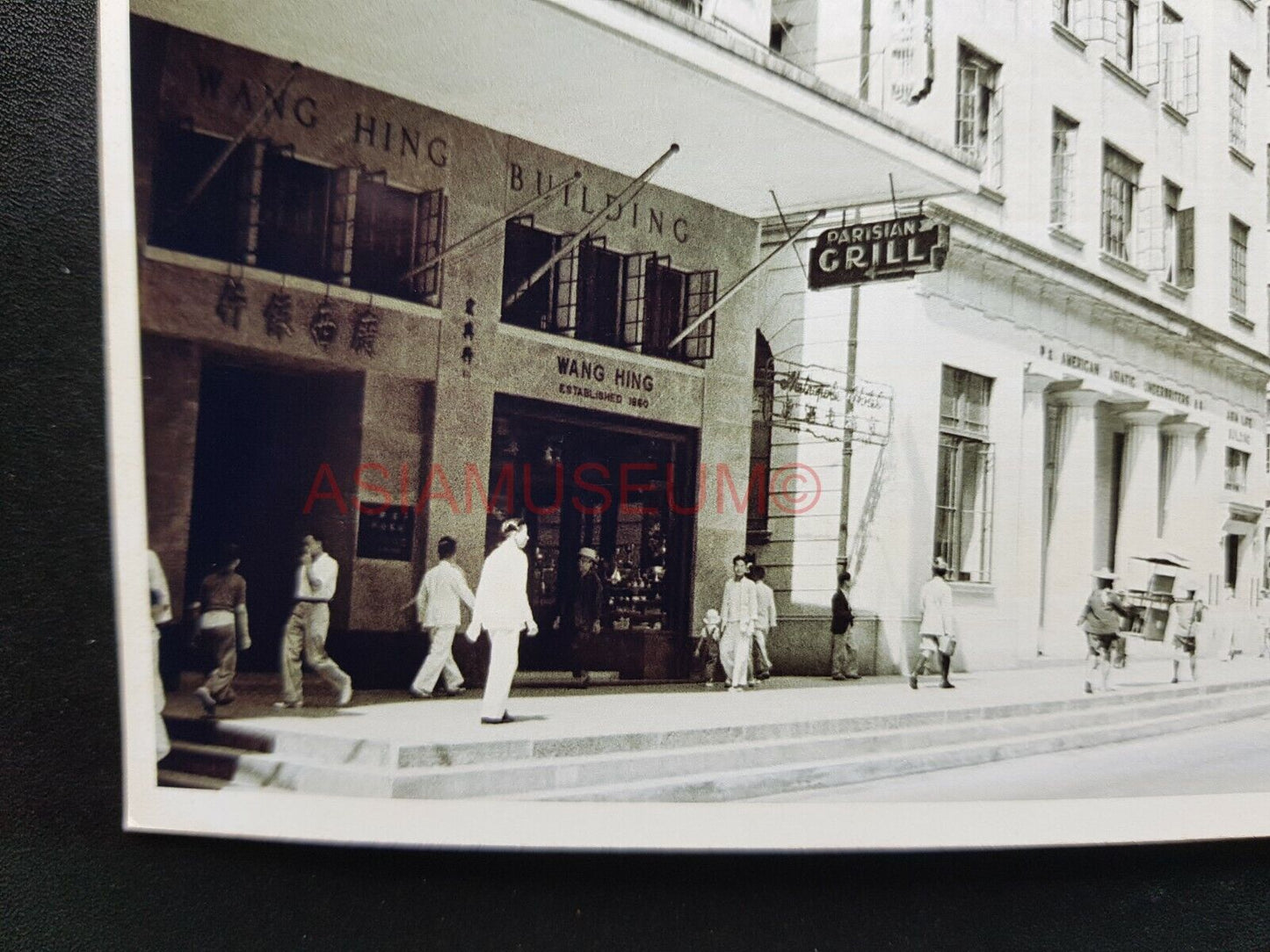 Car Bus America Building Queen's Road  Hong Kong Photo b&w Postcard RPPC 1590