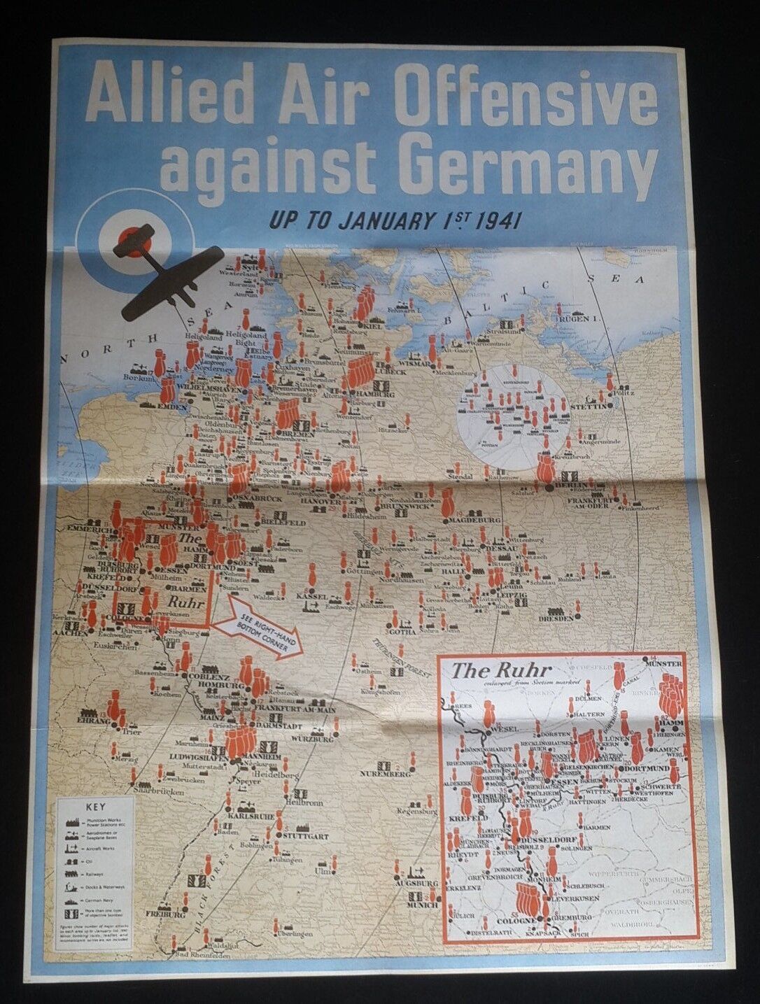 1943 WWii USA AMERICA BRITAIN ALLIES D-DAY EUROPE WAR MAP BOMB PROPAGANDA POSTER